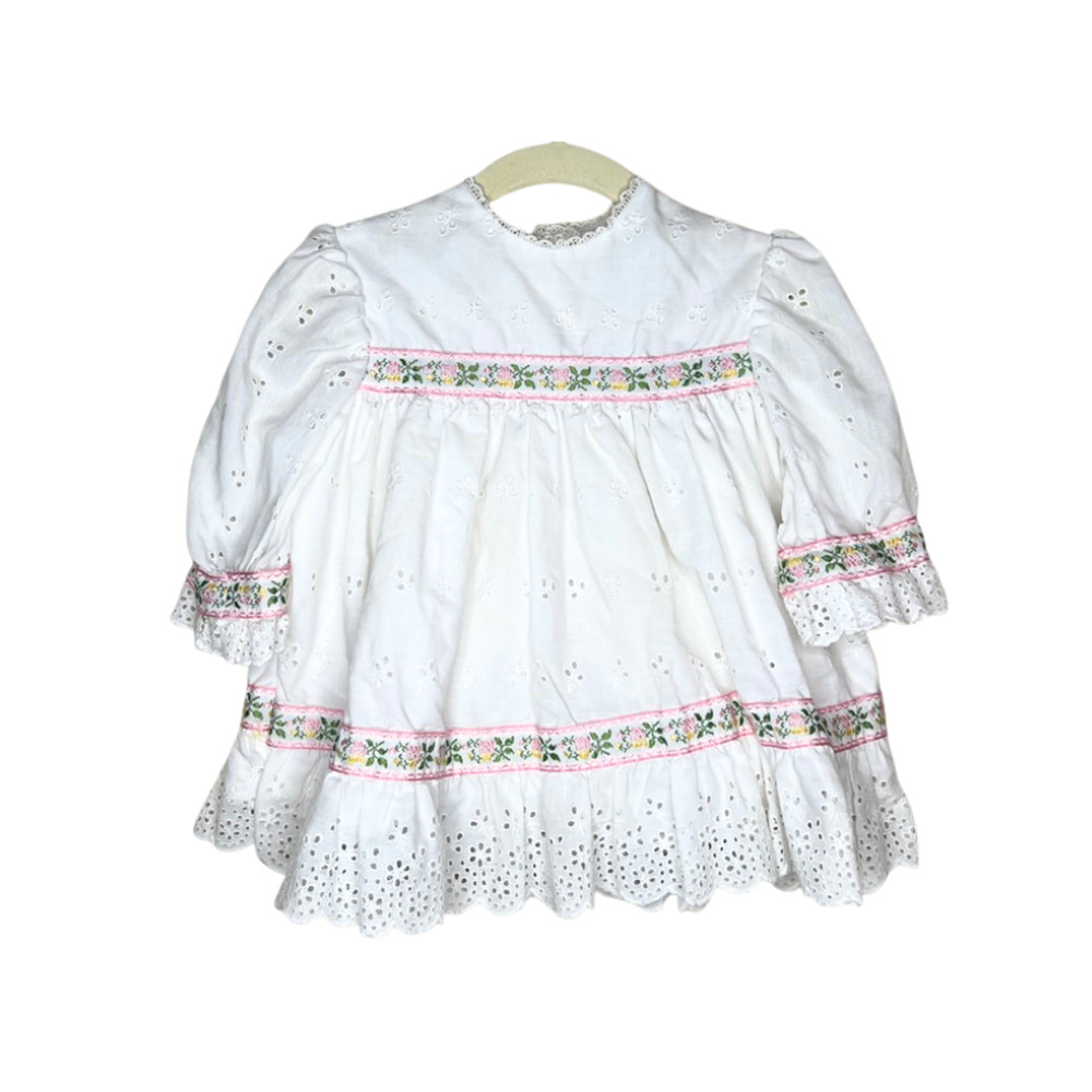Vintage Handmade Toddler Dress Embroidered Flowers Eyelet Cottagecore Dainty